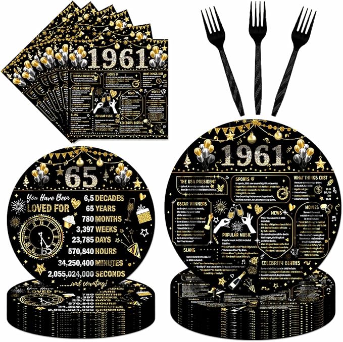 96PCS 65th Birthday Plates and Napkins Party Supplies 65th Birthday Decorations for Women Men 65th Anniversary Decorations Cheers to 65 Years Vintage 1961 Tableware Sets Serve 24 Guests