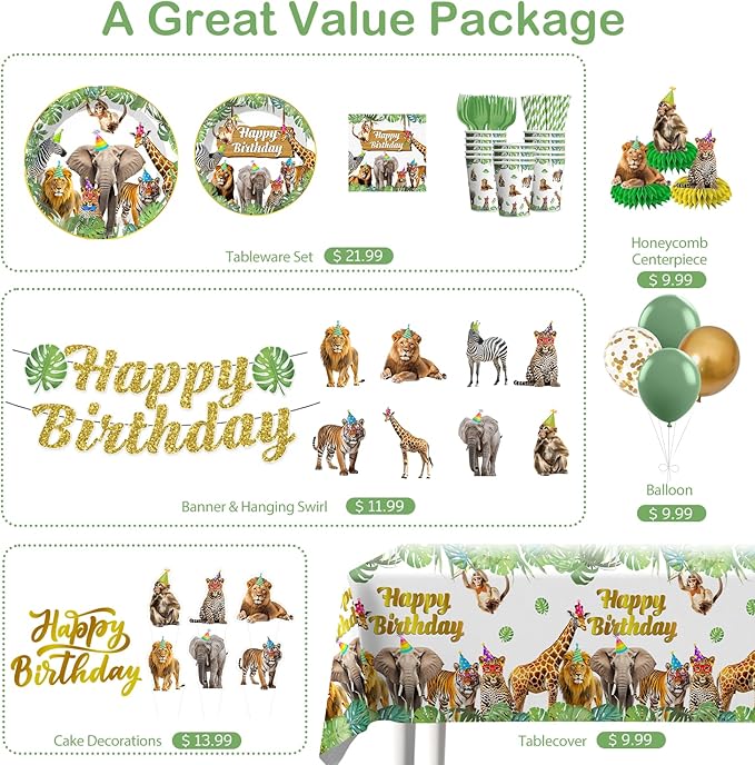 201pcs Safari Birthday Decorations Tableware Set, 25 Serves Safari Plates and Napkins for Party with 2pcs Tablecloth, Banner, Balloons for Jungle Birthday Party Decorations
