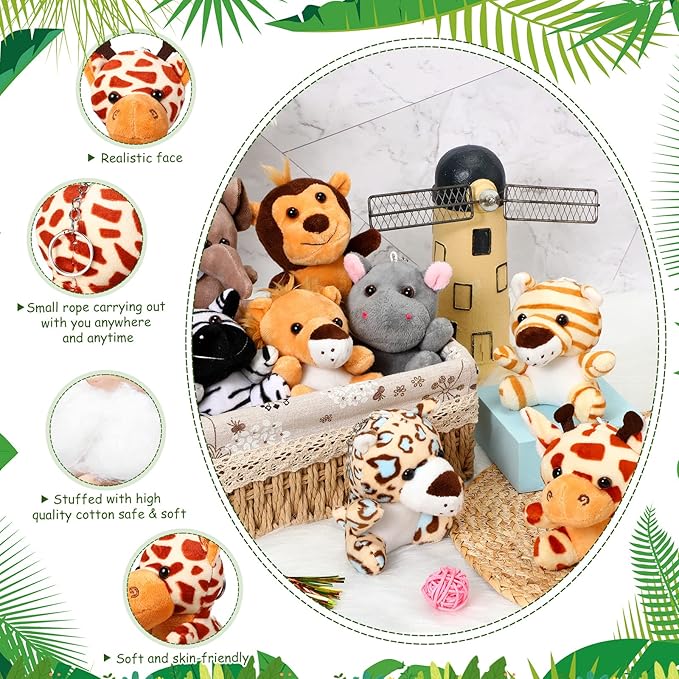 HyDren 24 Pcs Mini Stuffed Forest Animals Bulk Jungle Animal 4.8 Inch Lovely Toys Lion Tiger Elephant Giraffe Plush for Classroom Gift Stockings Filler Christmas(Single Style)
