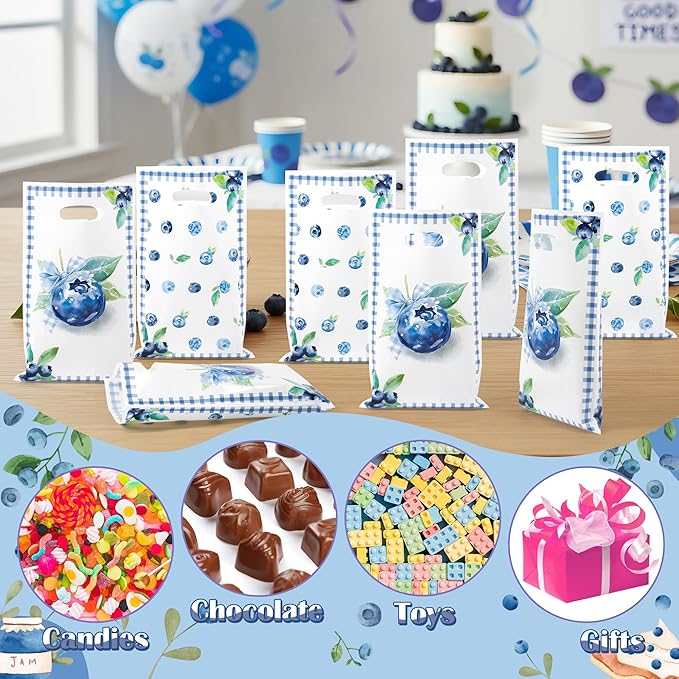Blueberry Party Favor Bags - 50Pcs Summer Blue Berry Patterns Goody Candy Treat Bags, Sweet Fruit Themed Party Decorations for Kids Adults Birthday Baby Shower Picnic Tea Events Supplies
