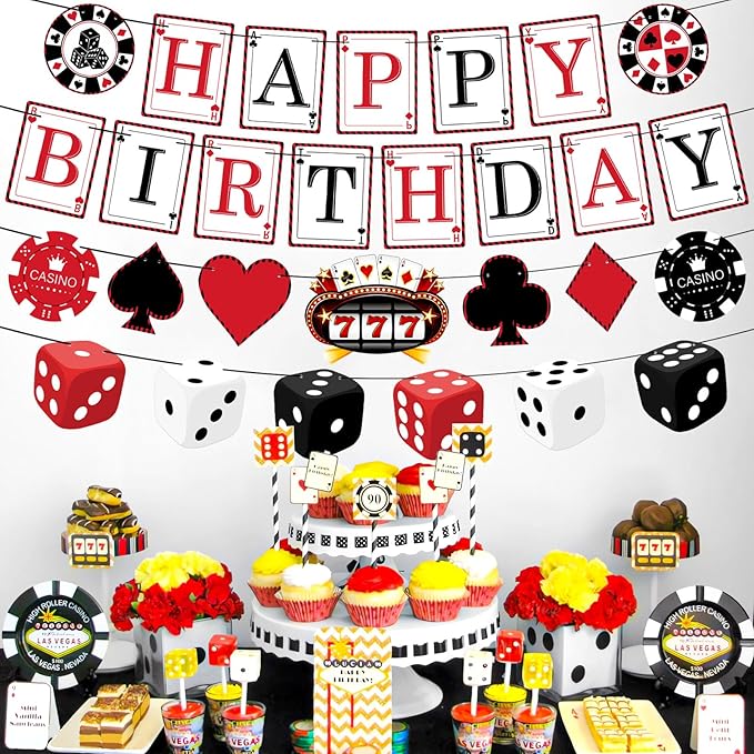 Pre-Strung Casino Party Decorations NO DIY Poker Happy Birthday Banner Casino Theme Banners Las Vegas Poker Night Party Supplies