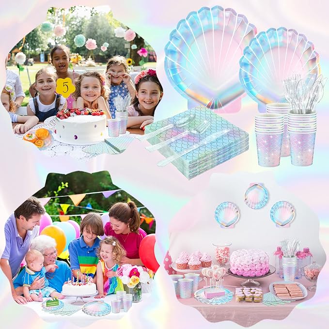 Cunhill 144 Pcs Mermaid Birthday Party Supplies Tableware Includes Mermaids Plates Napkins Cups Spoons Fork Knives for Under The Sea Party Baby Shower Dinnerware Decorations Set