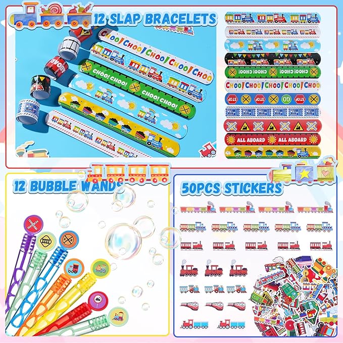 Vanblue 122Pcs Train Party Favors Birthday Themed Party Decoration Choo Choo Party Supplies Pull-back Vehicle Toys Gift for Boys Treat Gift Bags Stuffers Pinata Filler Classroom Rewards