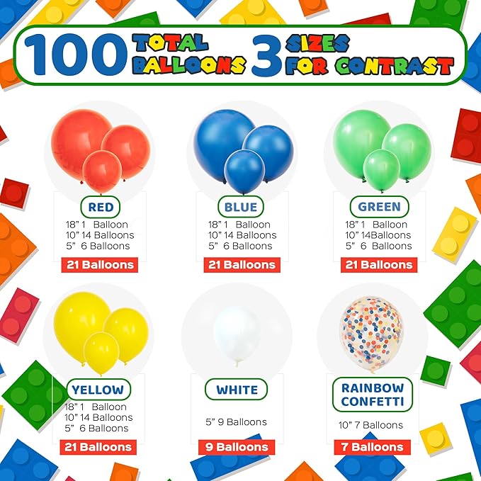ALL-IN-1 Lego Balloon Arch Kit & Garland – Red, Blue, Green Balloons in Small & Large Sizes – Primary Colors for Circus, Carnival, Rainbow, Boys Birthday Party Supplies & Decorations