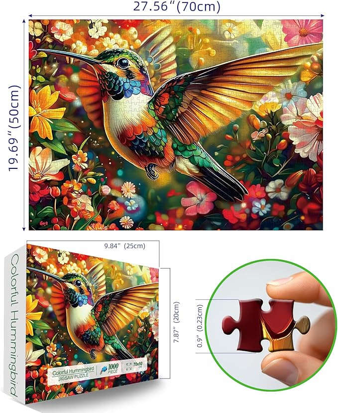 Blueforest Hummingbird Dream 1000 Piece Puzzle for Adults - Vibrant Hummingbird & Flowers Jigsaw Puzzle | Premium Recycled Puzzle with Poster & Letters on Back (27.5" x 19.7")