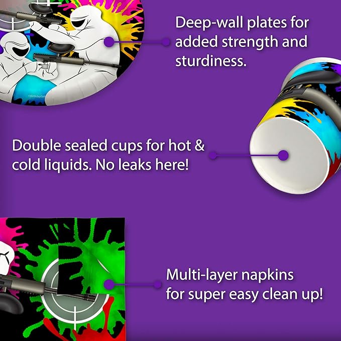 Paintball Birthday Party Supplies Set Plates Napkins Cups Tableware Kit for 16