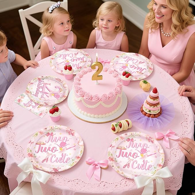 96Pcs Ballerina 2nd Birthday Party Supplies Pink Ballet Tutu Cute Birthday Plates and Napkins Tableware Set Ballerina Fairy Party Decorations for Girls Dancer Dancing Two Years Old Favors Serves 24 ﻿