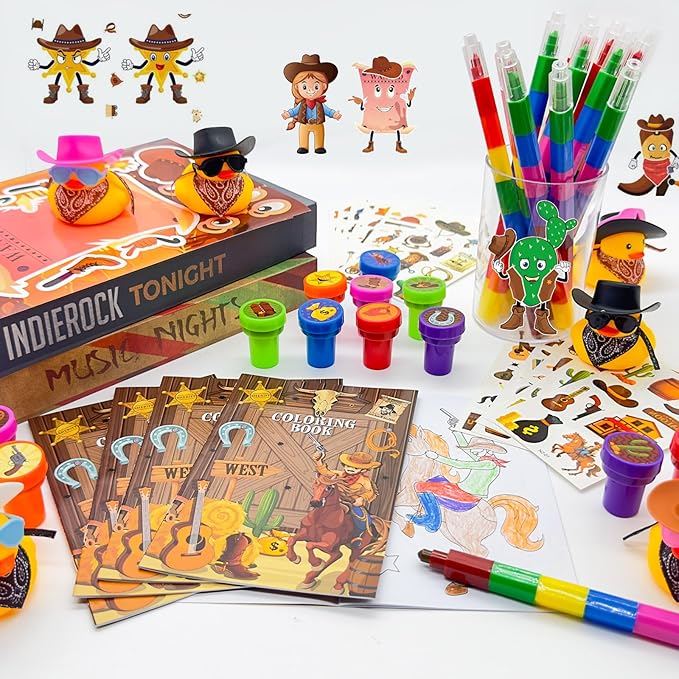 Cinrobiye 144 Pcs Western Cowboy Party Favors, Wild West Coloring Books, Stickers, Tattoos, Stampers, Rubber Ducks, Rainbow Pencils, Barn Party Supplies, Birthday Goodie Bag Fillers, Prize Bulk Set