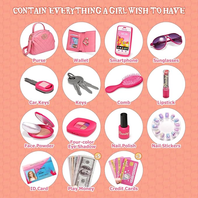 Little Girls Purse, Pretend Play Makeup Kit for Toddler 3-5 4-6, Kids Purses with Accessories, Pink Handbag, Princess Kit and Fake Make up, Toddler Girl Toys Gifts for 3 4 5 6 Year Old