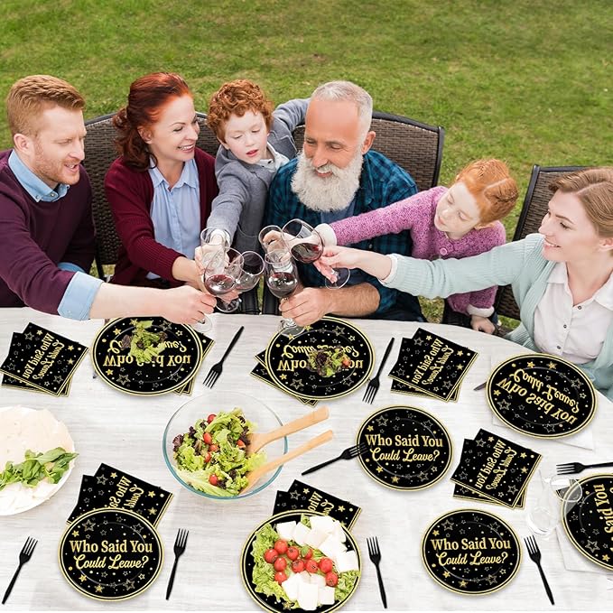 96Pcs Who Said You Could Leave Paper Plates and Napkins for Farewell Party Decor Retirement Disposable Plate Black and Gold Leaving Tableware Set for Goodbye Going Away Birthday Gatherings Decorations