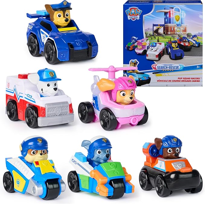 PAW Patrol Search & Rescue, Pup Squad Racers, 6-Pack of PAW Patrol Vehicles with Chase, Marshall, Skye, Rubble, Rocky, & Zuma, Kids Toys for Boys & Girls Ages 3 and Up