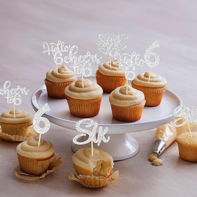 30Pcs 6th Birthday Cupcake Toppers Glitter Six Hello 6 Cupcake Picks Cheers to 6 Years Old Cake Decorations for 6th Birthday Party Supplies Silver