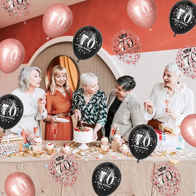 70th Birthday Decorations for Women, Black Rose Gold Happy 70th Birthday Latex Balloons Set, Pack of 15 70th Party Decor Balloons for Age 70 Years Old Birthday Party Decoration Celebration Supplies