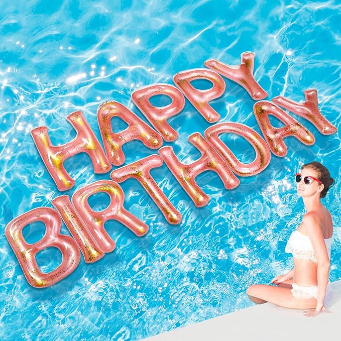 Shappy 20'' Happy Birthday Pool Large Floating Letter Balloons with Adhesive Dots Inflatable Pool Decorations for Summer Birthday Party