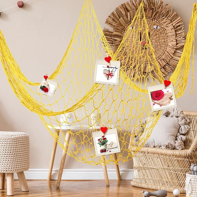 Shappy 2 Pcs Fish Net Decorative 80 x 40 Inch, Wall Hanging Fishnet for Mermaid, Pirate, Nautical, Under the Sea Party Decoration Ocean Themed Hawaii Beach Birthday Halloween Party Supplies(Yellow)