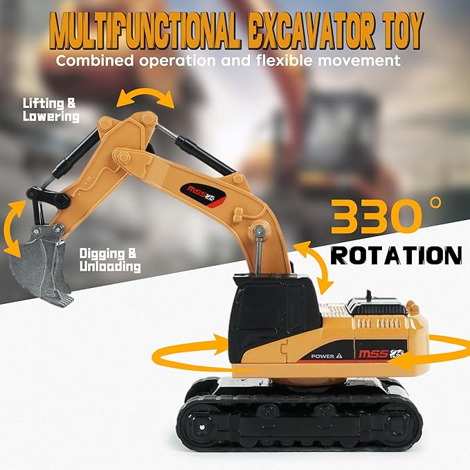 BRRRRT 1/64 Remote Control Excavator,Remote Control Construction Vehicles with Metal Shovel,Type-C Direct Charging RC Excavator,Birthday Gifts for Boys and Girls Age 3+