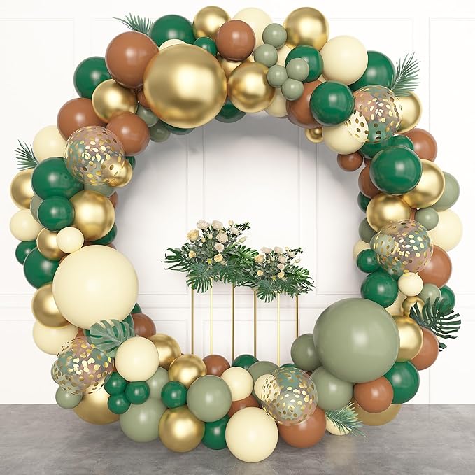 Amandir 153pcs Green Brown Balloon Garland Arch Kit, Different Sizes 18 12 10 5 inch Sage Green Ivory Gold Latex Metallic Confetti Balloon for Safari Jungle Wild One Woodland Tropical Party Decoration