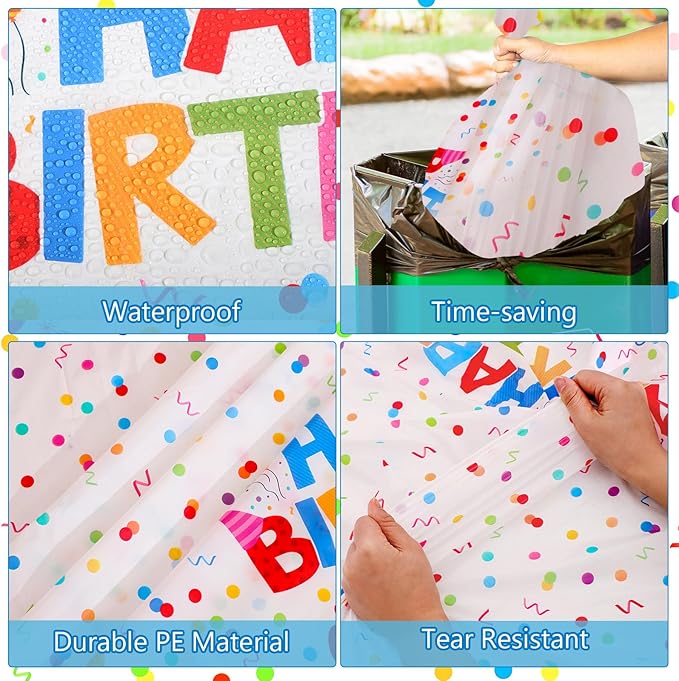 6 Pack Plastic Birthday Tablecloth, 54 x 108 Inch Disposable PE Happy Birthday Party Tablecloths Waterproof Rectangle Party Table Cover for Birthdays Parties Decor