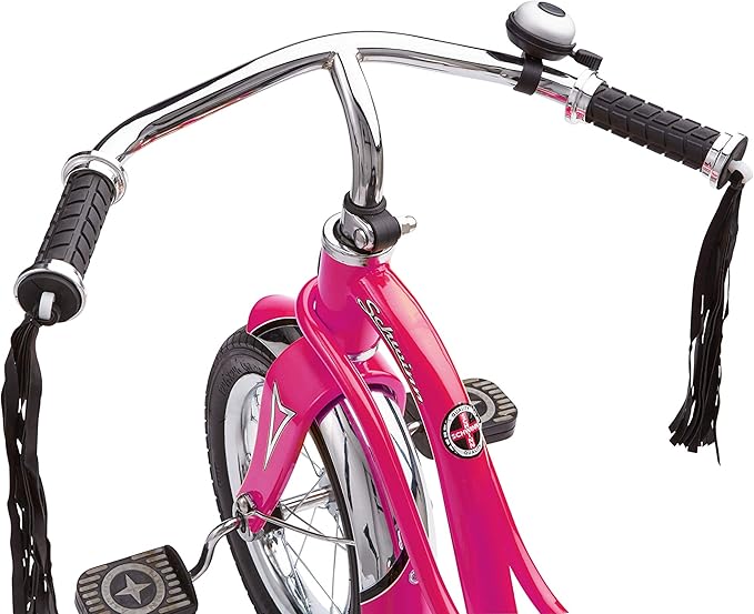 Schwinn Roadster Bike for Toddler, Kids Classic Tricycle, Low Positioned Steel Trike Frame w/ Bell & Handlebar Tassels, Rear Deck Made of Genuine Wood, Boys and Girls Ages 2-4 Year Old, Bright Pink