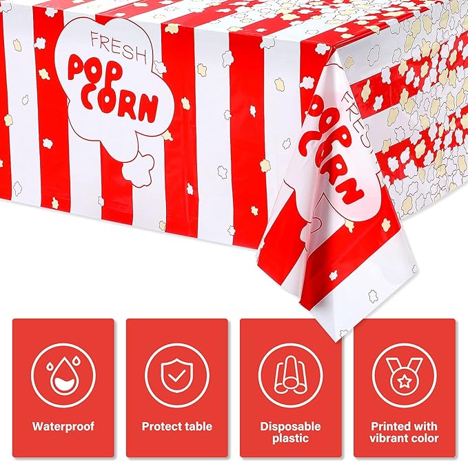 Irenare 6 Pieces Popcorn Tablecloth Decorations Plastic Popcorn Table Cover Carnival Theme Party Tablecloth for Carnival, Circus Themed, Movie Night Birthday Party Supplies, 54 x 108 Inch