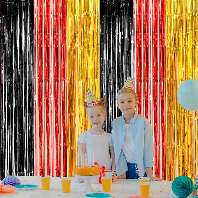 2 Pack Construction Foil Fringe Curtains, 3.3x6.6 Ft Black Gold and Red Tinsel Backdrop Party Decorations Door Streamers for Birthday Thanksgiving Day Engagement Decor,Photo Booth Props