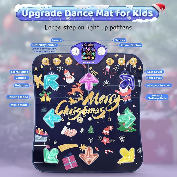 Dance Mat Toys for 3-12 Year Old Girls Boys, Kids Dance Mat with Light Up 8-Buttons & Wireless Bluetooth, Music Dance Toy with 5 Modes, Birthday Xmas Gifts for 3 4 5 6 7 8 9 10+ Year Old Girls Boys