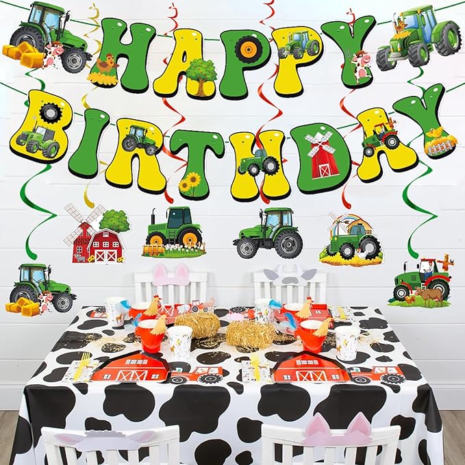 Zwiebeco Green Yellow Tractor Happy Birthday Banner Bunting Hanging Paper Swirls Garland Party Decorations for Farm Themed Baby Shower Kids Bday Decor Accessories Supplies