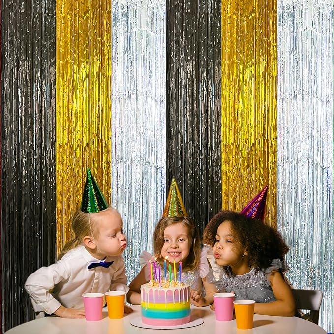 2 Pack Construction Foil Fringe Curtains, 3.3x6.6 Ft Black Gold and Silver Tinsel Backdrop Party Decorations Door Streamers for Birthday Wedding Engagement Decor,Photo Booth Props