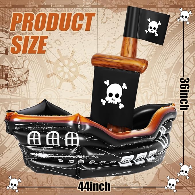 Zhanmai Inflatable Pirate Ship Drink Cooler Inflatable Serving Bar Food Container for Summer Carniva Mardi Gras Pirate Birthday Party Favor Supplies Decorations(Classic Colors,Skull Flag)