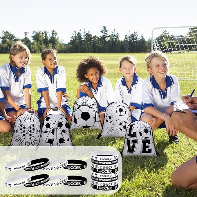 32 Pcs Coquette Bow Soccer Party Favors Set 16 Drawstring Goodie Bags 16 Silicone Wristband Snack Treat Candy Bags Motivational Bracelets Sports Birthday Party Supplies for Men Women