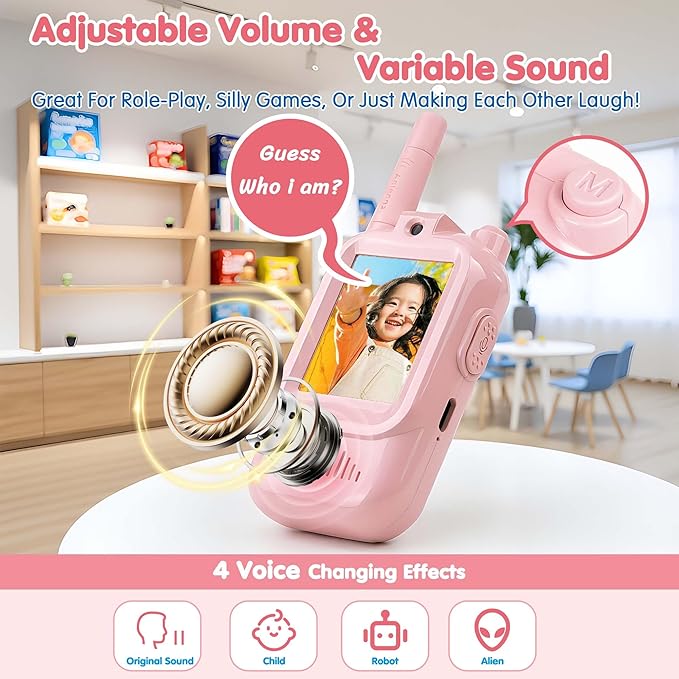 Video Walkie Talkies for Kids, 2 Pack, 400meter Long Range Rechargeable，Voice Changer ，HDCamera, for Outdoor Backyard Camping Games, Toy Gift for Boys Girls Ages 3-10，Pink+Blue（Pink+Pink）