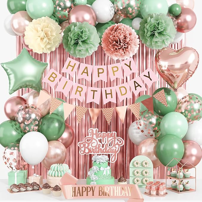 Rose Gold and Sage Green Birthday Decorations, Retro Avocado Green Party Décor with Foil & Latex Balloons Sash Fringe Curtains Happy Birthday Banner Cake Topper Paper Pompoms Decor for Women Girl