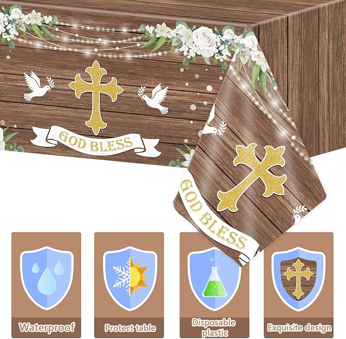 3 PCS God Bless Baptism Tablecloths - Decoration for First Holy Communion, Christening, Newborn Baby Shower Theme Supplies - Plastic Table Cover - Rustic Wood Floral Party Favors