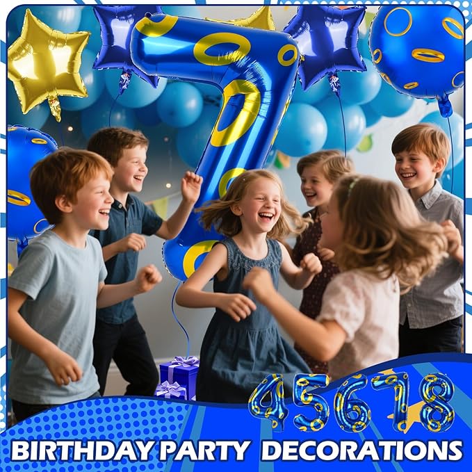 40 Inch Blue and Golden Ring Themed Number Balloon, Number Block Foil Number 7 Balloons Large Big Numbers Helium Balloon for Girls Boys 7th Birthday Theme Party Decorations (Number 7)