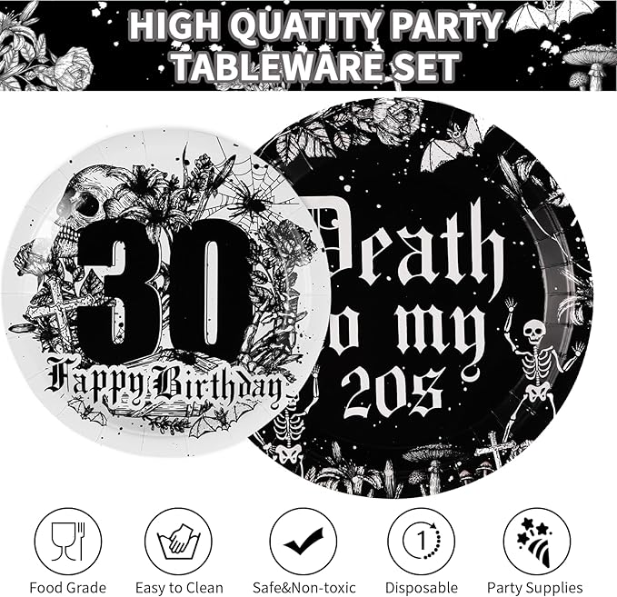 Grencian 96Pcs 30th Birthday Party Supplies Death to My 20s Plates and Napkins Disposable Rip Twenties Paper Tableware for Funeral for My Youth 30 Years Old Birthday Party Decor, Serves 24
