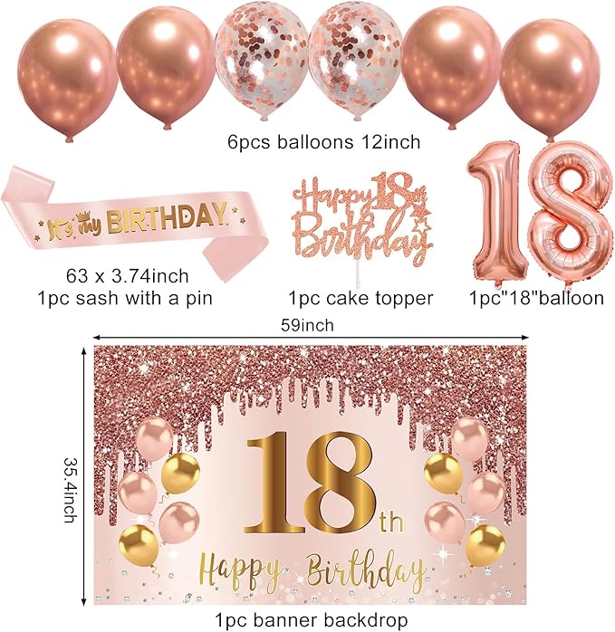18th Birthday Decorations for Girls, Pink Rose Gold Happy 18 years old Birthday Banner Backdrop Balloons Sash Table Cake Topper Honeycomb Centerpieces Hanging Swirls Paper Fans Party Supplies