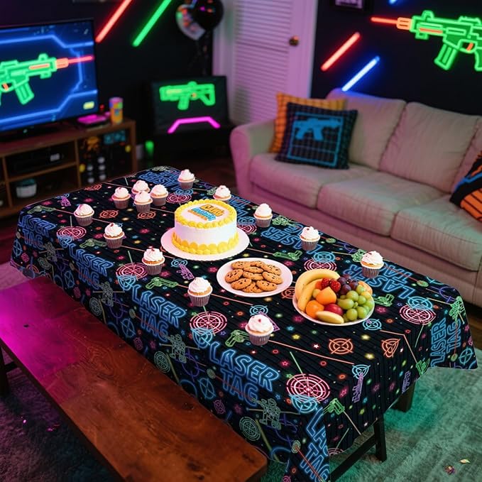 4 Pack Laser Tag Party Tablecloth Decoration - Laser Tag Party Decoration, Neon Glow Tablecover Neon Glow Table Cloth, for Shooting Game Supplies (51 x 86 Inches)
