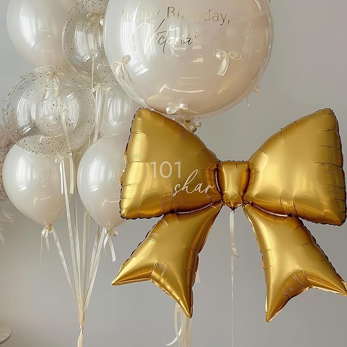 4 Pcs 38 Inch Giant Gold Bow Balloons for 2025 Graduation Party Decor/Gold Birthday,Golden Bachelorette Nights,Corporate Celebrations,Hollywood-themed Events, Princess Party Celebration Supplies