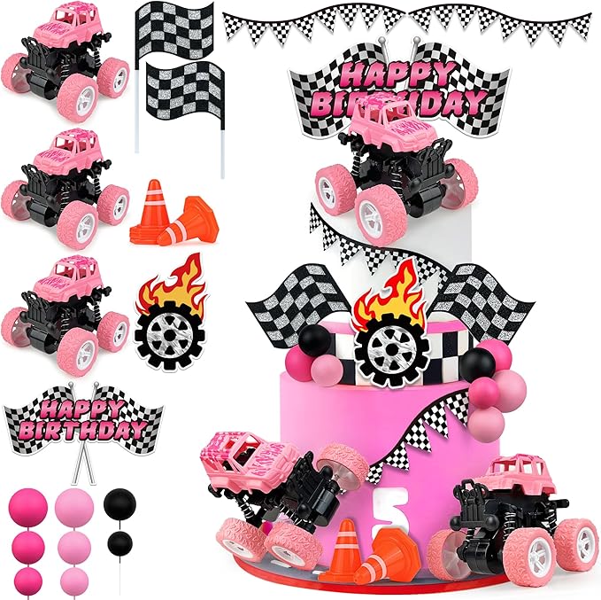 20PCS Pink Truck Cake Decoration 3 Off-road Vehicle Cake Top Decoration Deep Pink Peach Black Balls Truck Themed Party Supplies