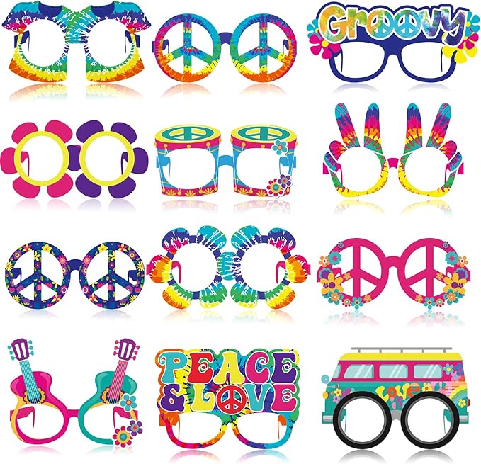 Pajean 36 Pcs 60s Party Decorations 60's Photo Booth Prop 60 Hippie Themed Eyeglasses Paper Glasses Frame Tie Dye Groovy Peace Love Themed Favor for 60's Hippie Birthday Party Favor Supplies