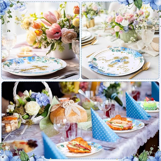 60 Pcs Baptism Cross Paper Plates 9 Inch God Bless Flower Disposable Plates First Holy Communion Floral Party Plate Tableware for Christening Celebration Baby Shower Religious Party Supplies