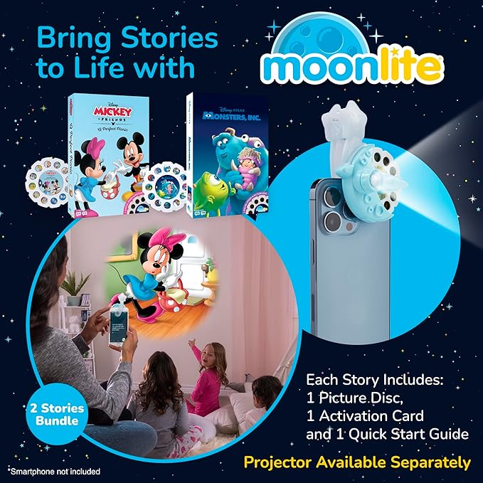 Moonlite Storytime 2-Story Bundle, Requires Moonlite Projector (Sold Separately), Mickey & Friends: A Perfect Picnic & Pixar Monsters, Inc, Vibrant Storybook Art Projections with Sound Effects & Music