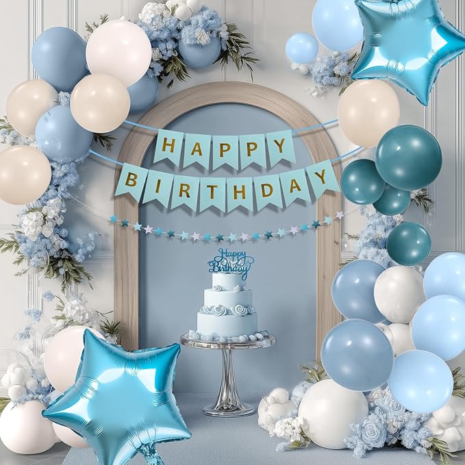 Blue Birthday Decorations for Women, Happy Birthday Party Decorations, Happy Birthday Banner, Baby Blue Balloons, Foil Fringe Curtains, Tissue Paper Pompoms, Star Garland, Party Decor for Girls