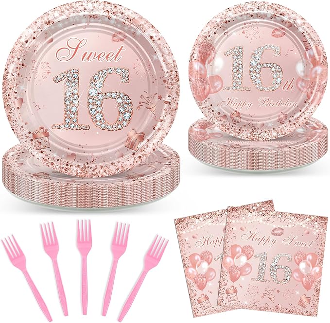 Avezano 96 Pcs Rose Gold Sweet 16 Birthday Party Paper Plates and Napkins Girls Sweet 16 Decorations Sweet Sixteen Birthday Party Disposable Paper Tableware Serve 24