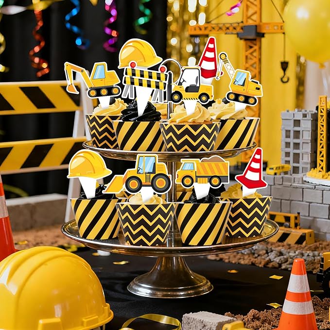 48 Pack Construction Cupcake Toppers and Wrappers, Construction Vehicles Party Cake Decoration for Engineering Theme Birthday Party Baby Shower Supplies