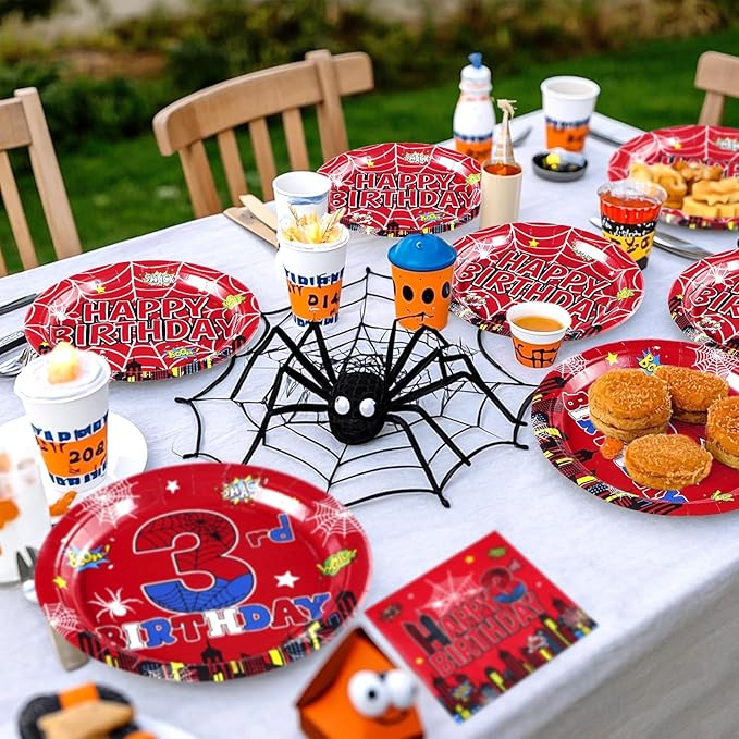 96Pcs Spider 3rd Birthday Decorations for Boys Super Theme Hero 3rd Birthday Plates and Napkins Blue Red Spider Three Year Old Decoration Favors for Kids 3 Year Old Party Supplies Serves 24