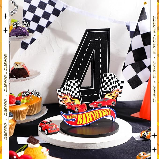 Race Car 4th Birthday Number Sign Centerpiece Race Car Theme 4th Birthday Party Supplies Wooden Table Decoration Photo Props for Boys Four Years Old