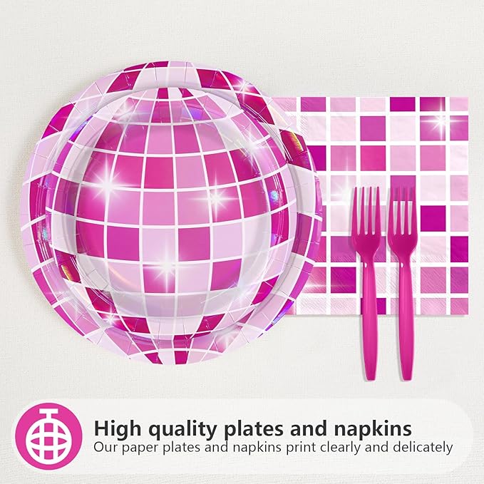 96Pcs Disco Ball Party Decorations Hot Pink Disco Ball Cowgirl Plates and Napkins Sets Iridescent Cowgirl Decorations for Wedding Sprinkle Bachelorette 70s Disco Party Supplies Serves 24