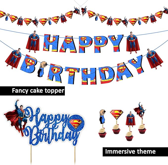 "Suprmn Theme Birthday Party Supplies – Superhero Decorations Set – Includes Happy Birthday Banner, Cake Topper, Cupcake Toppers,Garland & Table Décor – Hero Party Decoration Kit"