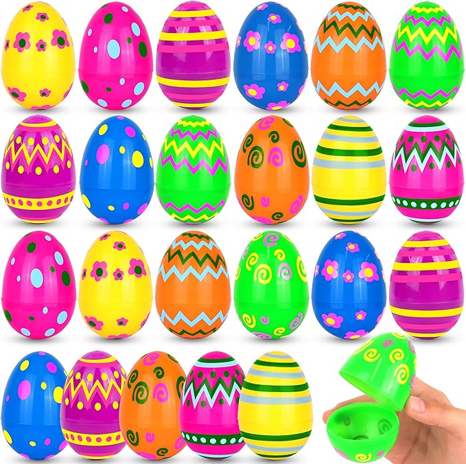 24 Pack Plastic Printed Easter Eggs, 2.4 Inch Fillable Empty Eggs Bulks for Easter Eggs Hunt, Easter Basket Stuffers Fillers, Classroom Prize Supplies, Filling Treats and Party Favors